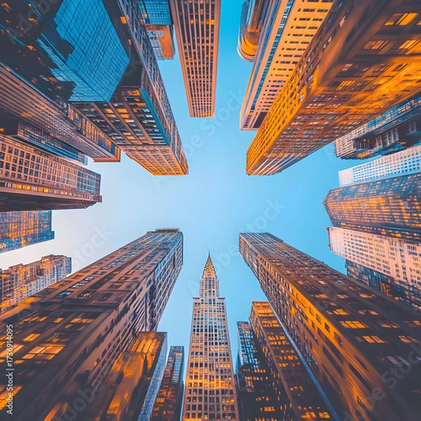 Fototapeta Worms Eye View of Modern Skyscrapers Reaching Towards a Clear Blue Sky.