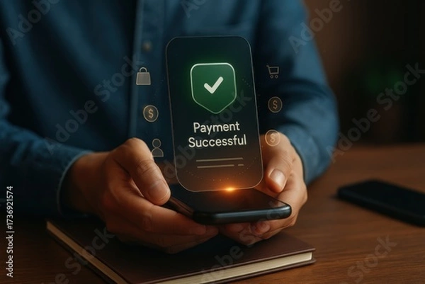 Fototapeta Man holding smartphone with holographic payment successful shield icon showing digital transaction confirmation  
