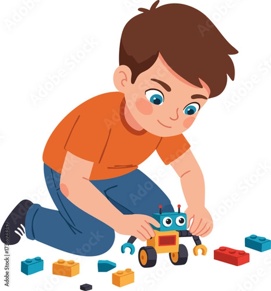 Obraz Cartoon Cute Boy Playing with Robot Toy and Colorful Bricks