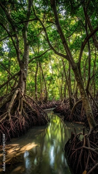 Obraz Sunlit Mangrove Forest with Root Systems and Calm Waters Reflecting Lush Green Canopy in a Vertical Composition