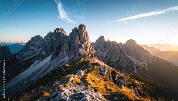 Obraz Sunlit Mountain Ridge Under Blue Sky at Sunset with Clouds in Dolomite Range Italy