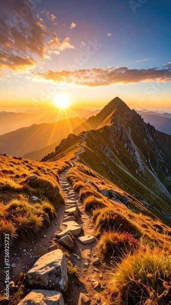 Obraz Sunlit Mountain Ridge at Dawn with Golden Light and a Narrow Trail Leading to a Peak in a Scenic Landscape with Warm Hues
