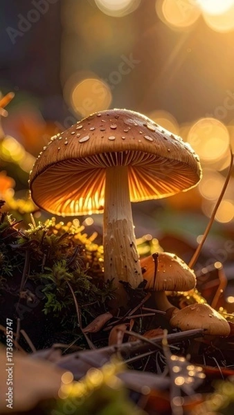 Obraz Sunlit Mushroom Cluster in Forest with Golden Backlight and Earth Tones Cinematic Shot