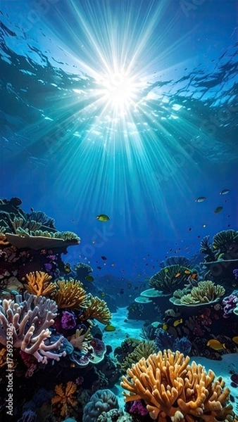 Obraz Sunlit Ocean Floor with Colorful Coral Reef and Fish Pixelated Illustration in Vivid Blue and Orange Hues a Dreamy Underwater Landscape