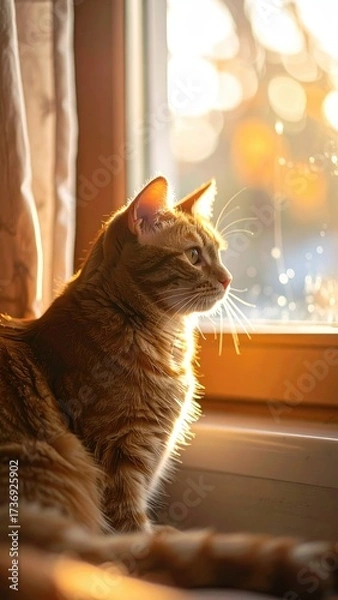 Obraz Sunlit Orange Tabby Cat Gazing Out Window with Bokeh Background in Warm Indoor Light