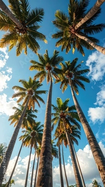 Obraz Sunlit Palms Reaching Skyward with Azure Blue and Fluffy White Clouds in Vertical Composition Ideal for Nature and Tropical Themes