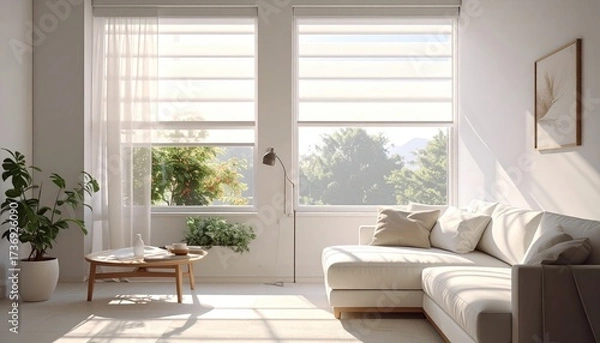 Obraz Sunlit Living Room with White Sofa and Large Windows Overlooking Green Trees Daytime