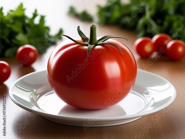 Obraz Whole Tomato with Vibrant Red Color – Realistic Food Photography on White Plate with Green Stem and Blurred Background of Herbs and Cherry Tomatoes