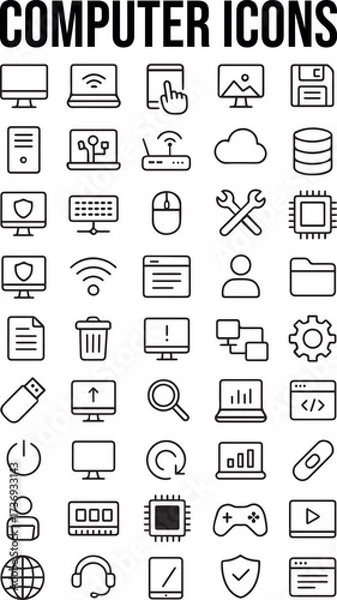 Obraz 45 Minimal Computer and Technology Line Icons Set – Black Outline Symbols on White Background