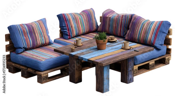 Fototapeta Relaxing outdoor lounge area featuring a repurposed pallet sofa and coffee table, decorated with striped cushions, small coffee cups, and a potted plant; a cozy setting with a rustic and colorful...