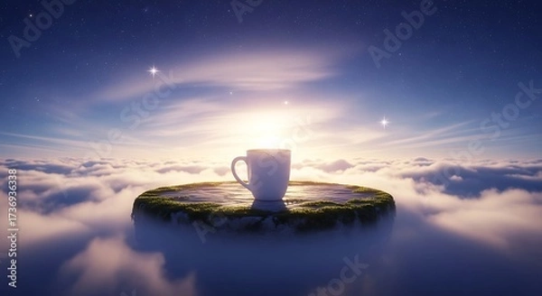 Fototapeta Dreamy coffee break with cosmic view on floating island in heavens