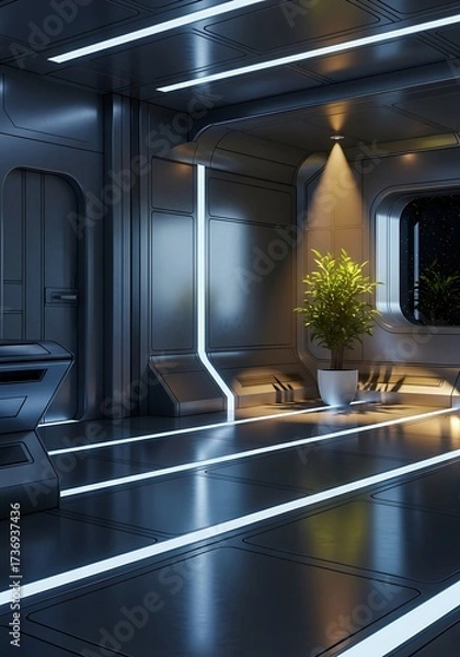 Fototapeta Futuristic Interior Design with Sleek Metallic Surfaces and Illuminated Accents Demonstrating Advanced Technology