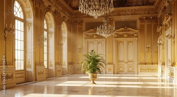Fototapeta Opulent interior showcasing elegant architecture with golden accents and a lush potted plant  illuminated by natural