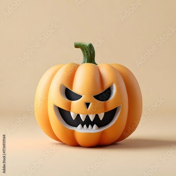 Obraz Vibrant orange 3D rendered Halloween pumpkin with a scary carved face and sharp fangs on a plain beige background