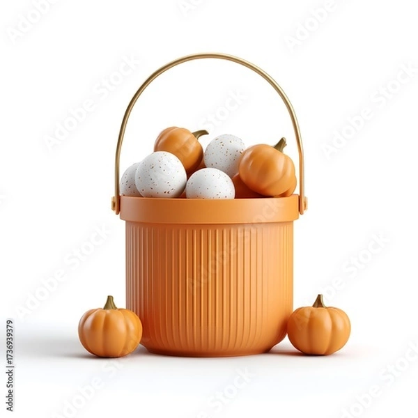 Obraz An orange bucket with a golden handle holds small orange pumpkins and white speckled eggs on a white background