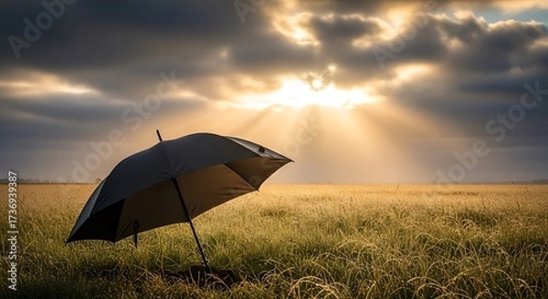Fototapeta Umbrella amidst golden meadow illuminated by sunbeams piercing through cloudy skies creating a serene atmosphere