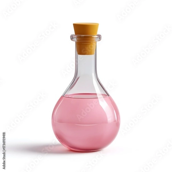 Obraz Round bottom clear glass flask containing a vibrant pink liquid sealed with a yellow cork stopper Isolated on white