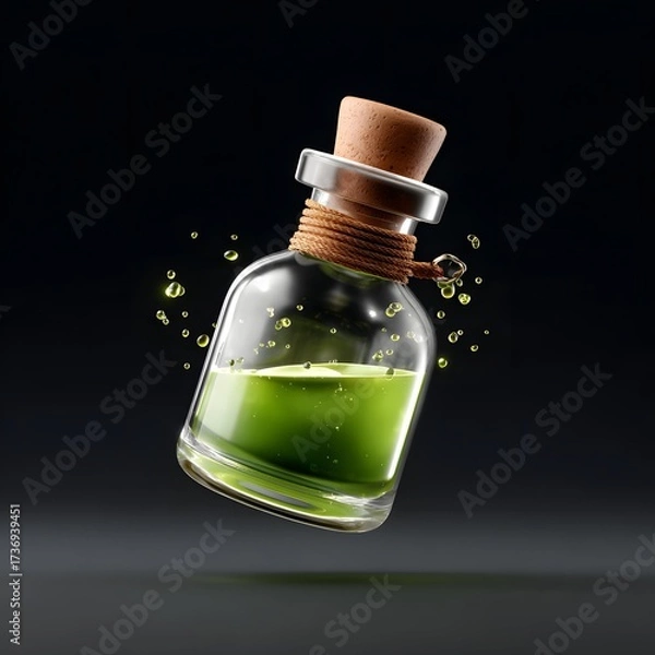 Obraz Glass bottle corked and tied with twine holds vibrant green liquid Floating droplets surround it on a dark background