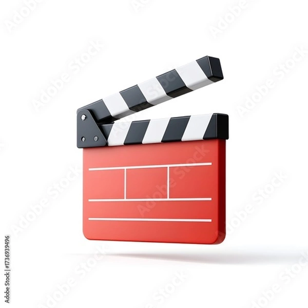 Obraz A vibrant red 3D clapperboard with classic black and white stripes subtly open on a pure white background