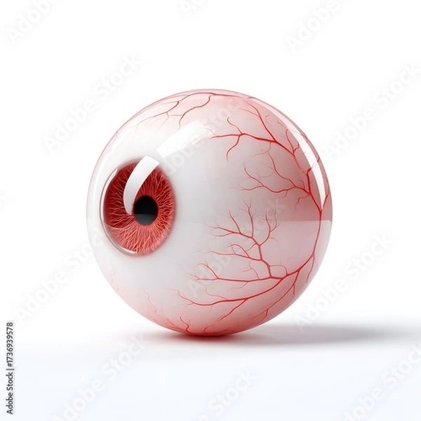 Obraz Close up 3D rendered human eyeball featuring a vibrant red iris black pupil and intricate blood vessels White background