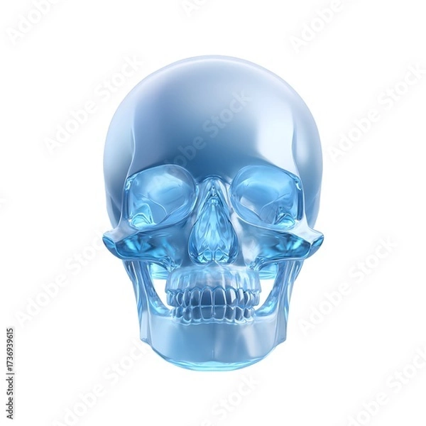 Obraz 3D rendered transparent blue human skull resembling clear glass or crystal isolated against a pure white background