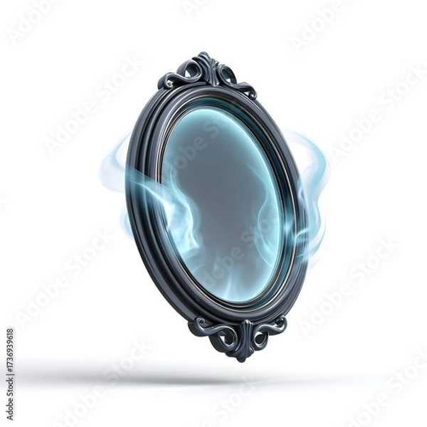 Obraz Ornate oval mirror with dark frame emitting bright blue ethereal glow and wisps of smoke on white background