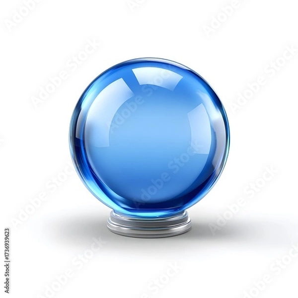 Obraz A glossy blue translucent glass sphere rests on a shiny metallic silver base isolated against a pure white background
