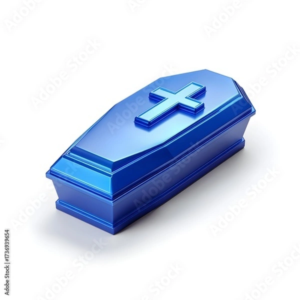Obraz Vibrant blue metallic coffin with an embossed Christian cross centered on its lid isolated on white