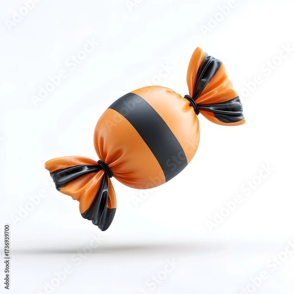 Obraz Single three dimensional orange and black striped candy with crinkled wrapper ends floating on a white background