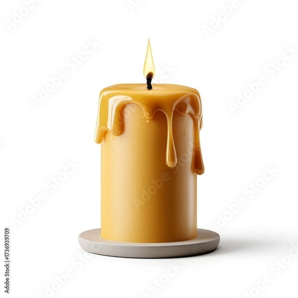 Obraz A lit yellow pillar candle with melting wax drips standing on a grey round base against a white background
