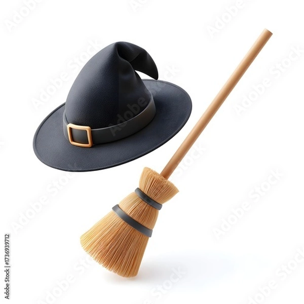 Obraz Classic black witch's hat with a golden buckle accompanied by a traditional wooden broomstick with straw bristles