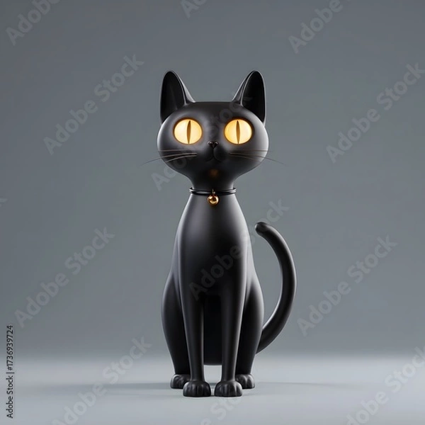 Obraz Stylized 3D rendered black cat with glowing yellow eyes sitting upright on a plain grey background