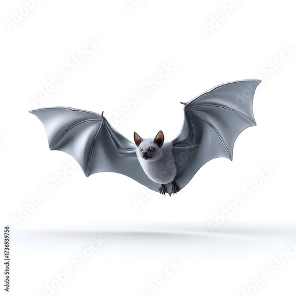 Obraz A small light gray bat with bright orange eyes and wide spread wings gracefully flying on a clean white background