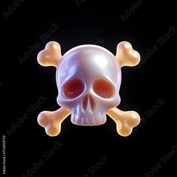 Obraz Shiny pearlescent 3D skull and crossbones symbol with soft reflections against a dark black background