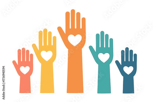 Fototapeta Colorful rising hands with heart. Vector icon for charity, donation, fundraising, and volunteering subjects. Symbol of community, help, love, support, and social work.