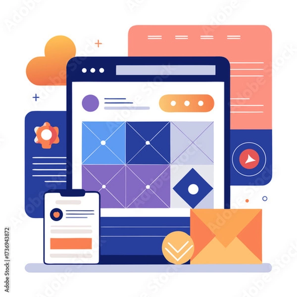 Obraz A clean, modern website and app interface mockup featuring an asymmetrical grid, overlapping geometric shapes, and bold typography on a duotone background.