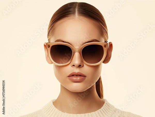 Obraz A photograph of a young woman with her hair tied back neatly in a ponytail, looking straight ahead with an indifferent and charming expression. She wears stylish, large sunglasses with light brown fra