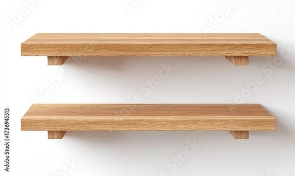 Obraz Two light brown wooden shelves mounted on a white wall