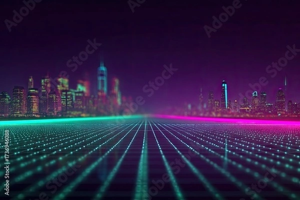 Fototapeta Futuristic city at night, neon-lit grid road
