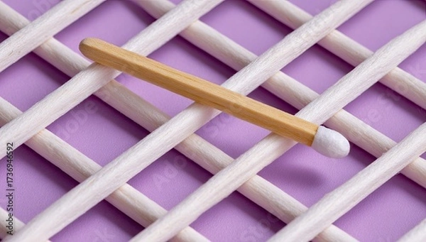 Fototapeta A single wooden matchstick rests diagonally on a grid of  white sticks against a lavender background