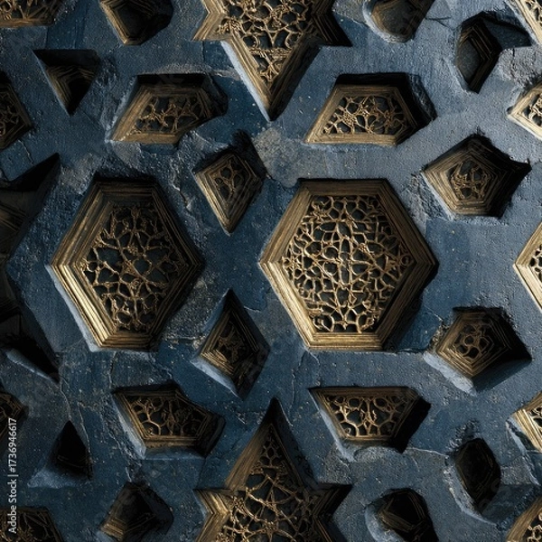 Fototapeta Dark stone surface with intricate gold inlay, hexagonal patterns