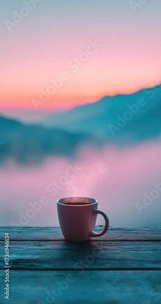 Fototapeta A pale pink coffee cup sits on a wooden deck, steaming, overlooking a misty mountain range at sunrise.  Soft pastel colors dominate the scene