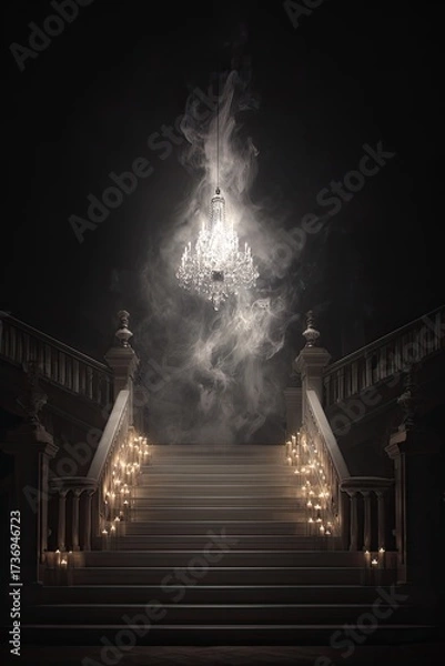 Fototapeta Grand staircase shrouded in mystic fog, lit by a crystal chandelier
