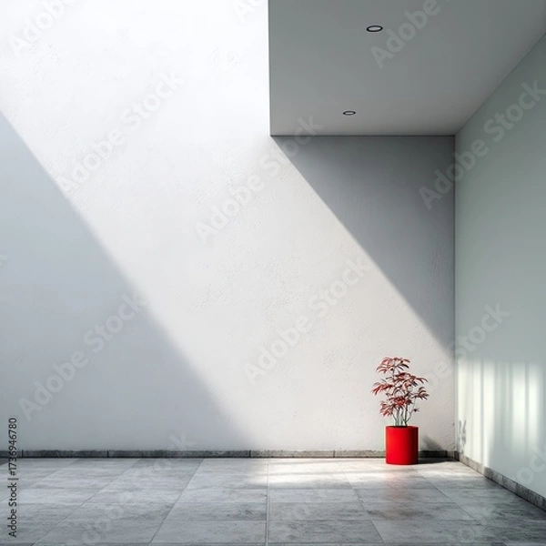 Fototapeta Empty room with a red pot plant. Sunlight casts shadows on a white wall