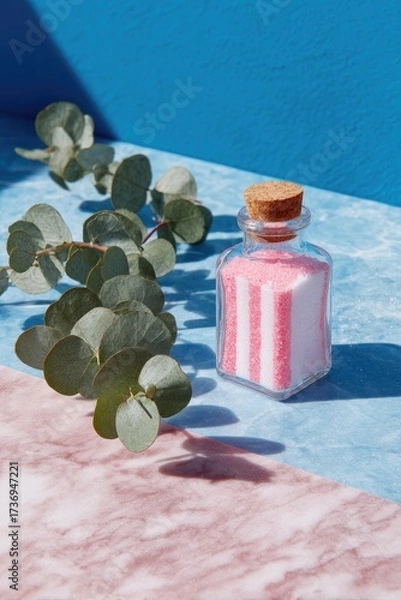 Fototapeta Small glass jar with pink and white striped sand, beside eucalyptus leaves on a two-toned surface
