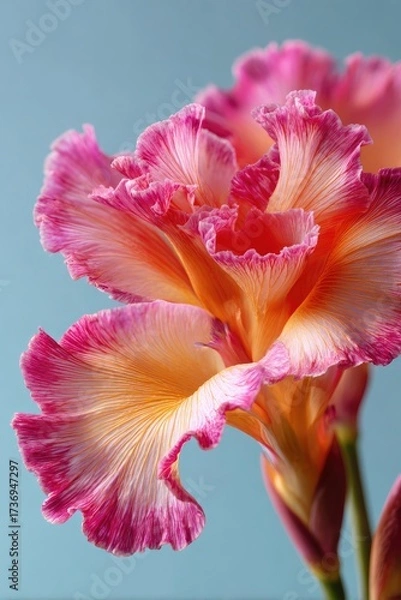 Fototapeta Close-up of a vibrant, ruffled flower.  Soft pink and peach petals, detailed texture.  Pale teal background
