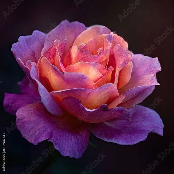 Fototapeta Close-up of a vibrant rose, with hues of  pink and orange, bathed in soft light.  A single bloom, detailed petals, set against a dark background