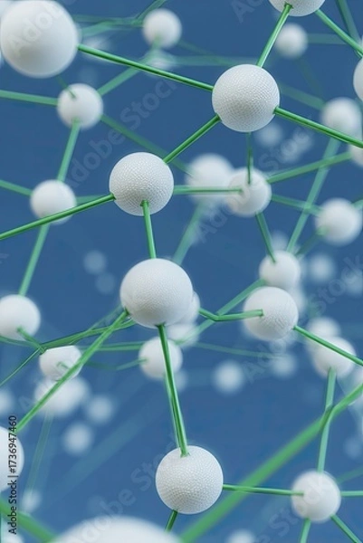 Obraz Abstract network of interconnected white spheres connected by light green lines against a blurred teal-blue background