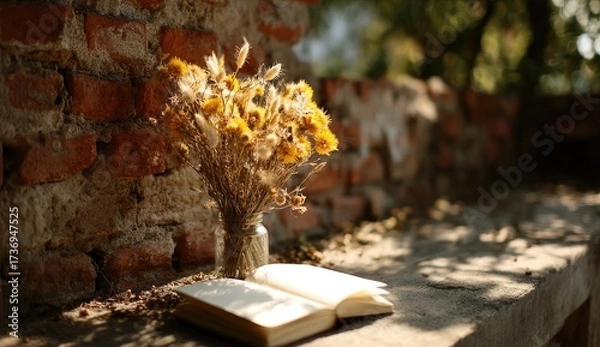 Obraz Dried yellow flowers in a glass jar, beside an open book on a weathered stone surface, against a brick wall. Sunlight filters through trees