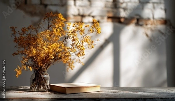 Fototapeta Yellow dried flowers in vase, book on weathered table. Sunlight
